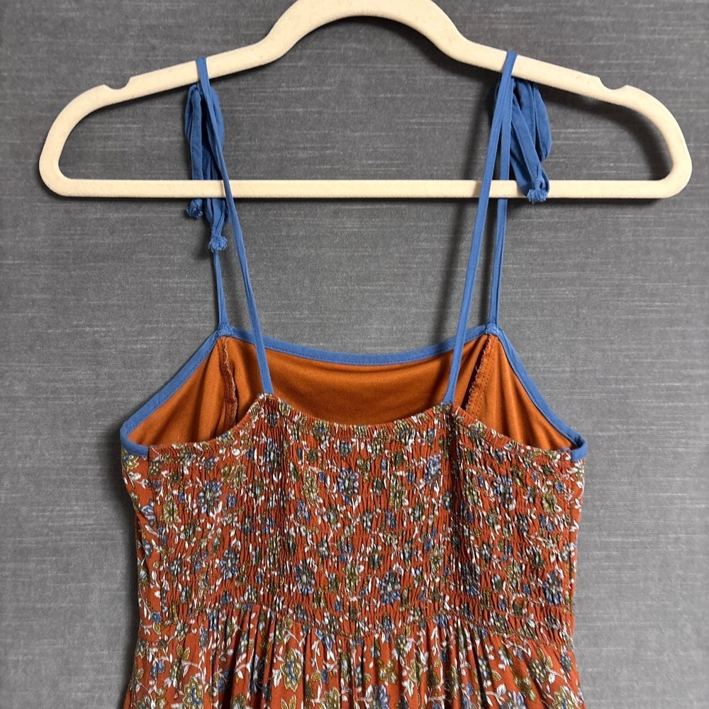 Live to be Spoiled Jumpsuit S Blue Brown Floral Wide Leg Smocked Boho Rayon XS - Picture 7 of 13